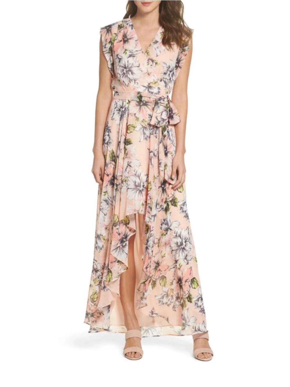 Eliza J Surplice Women Chiffon Floral Midi Maxi Dress Hi-low Size 6 Pink Peach